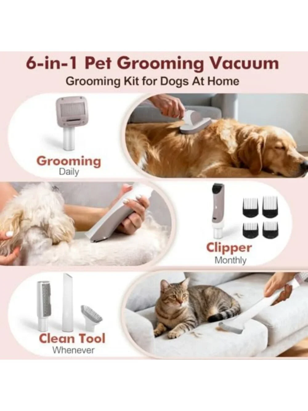 Large Capacity Pet Grooming Vacuum Kit for Dogs & Cats - 12,000Pa Suction, Low